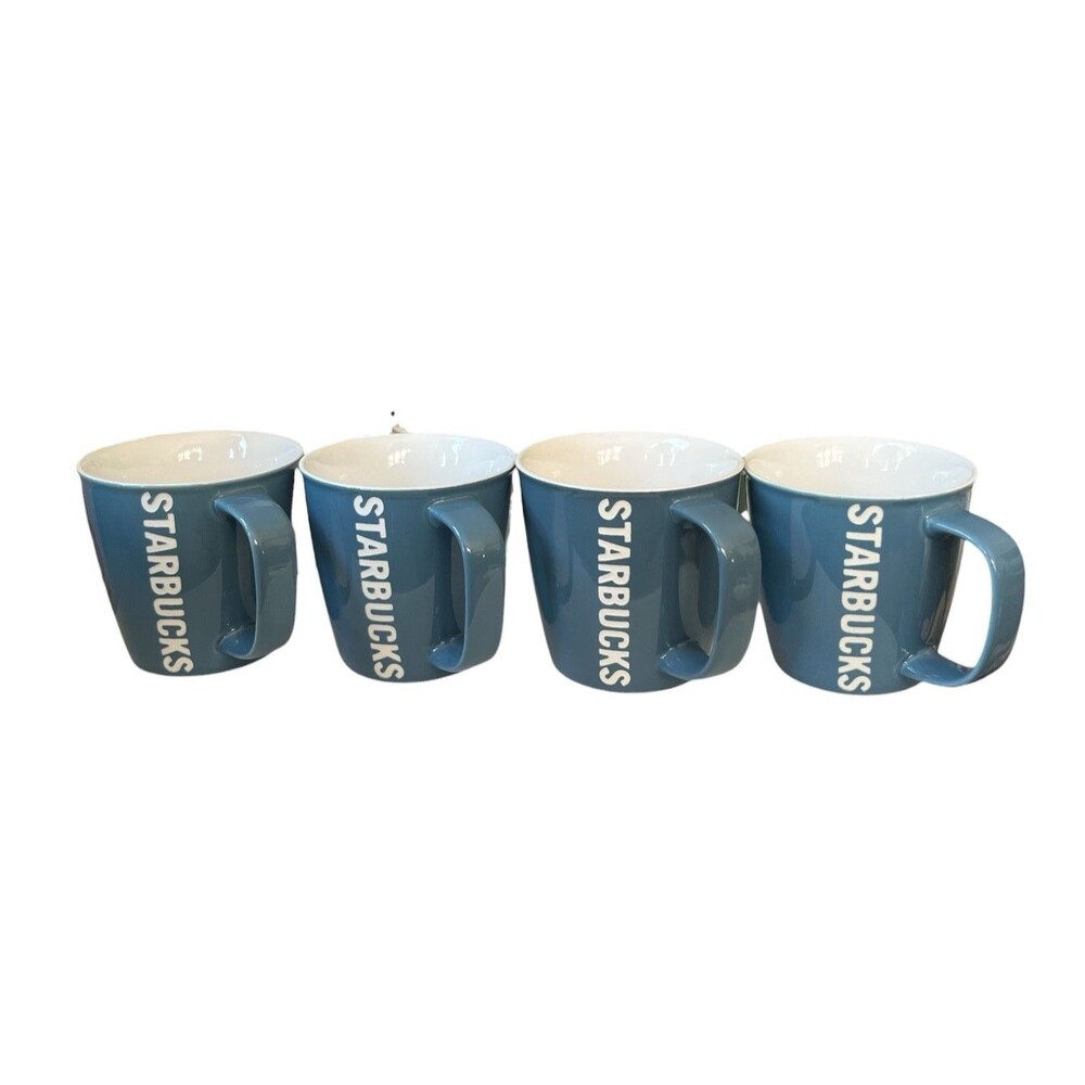 Set of 4 Starbucks 2010 Blue Coffee Mugs Cups Vertical Etched Logo 14 oz